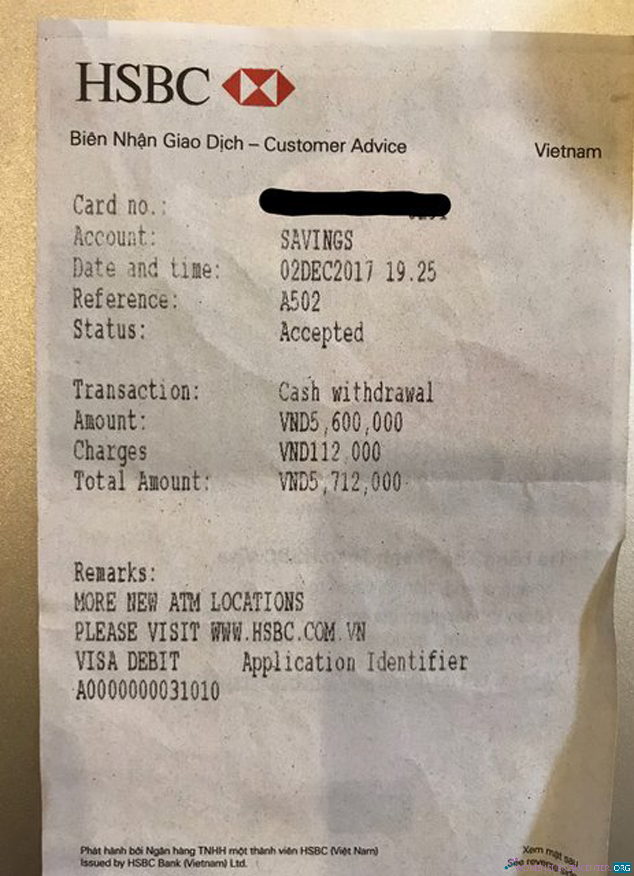 Download Vietnam HSBC bank receipt Photoshop template